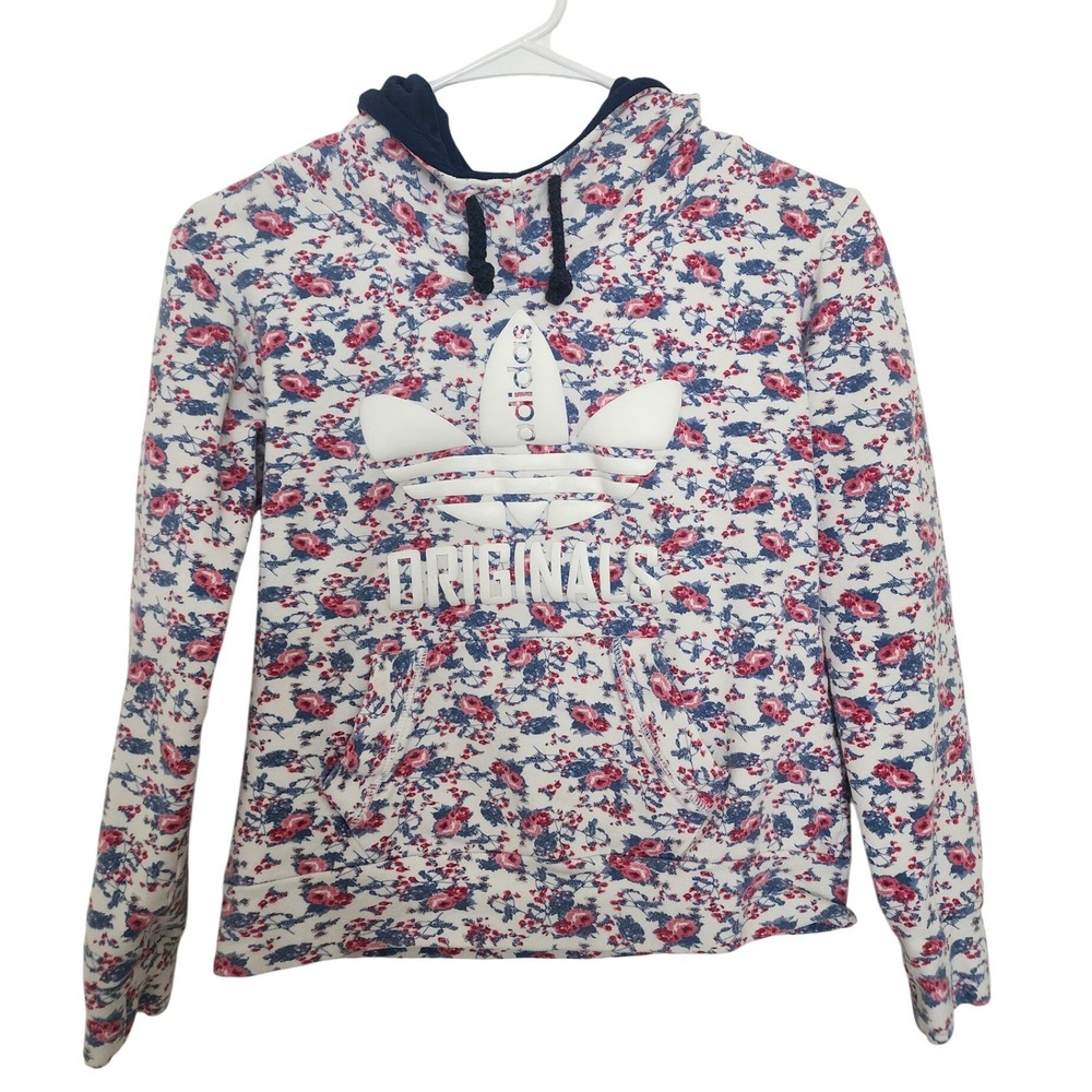 Adidas Originals Kids Floral Trefoil Logo Hoodie Sweatshirt White Pink Blue